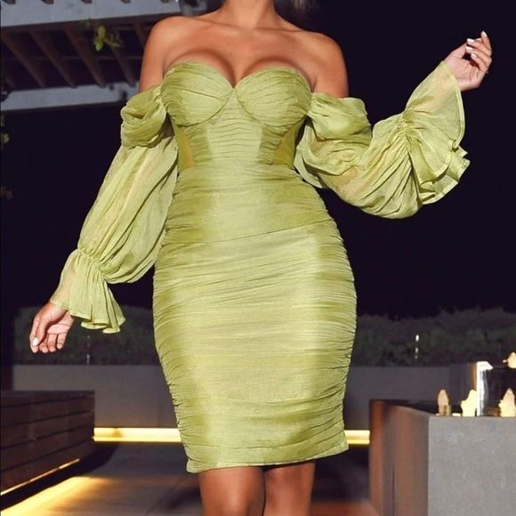 🔥Sirene Olive Silk Pleated Off Shoulder Dress - Picture 8 of 9